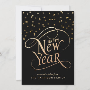 New Year Elegant Script Black Gold Holiday Card