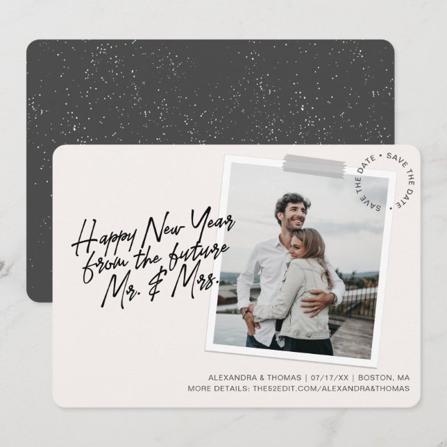 New Year Engagement Save The Date Creme Photo Holiday Card (Front/Back)