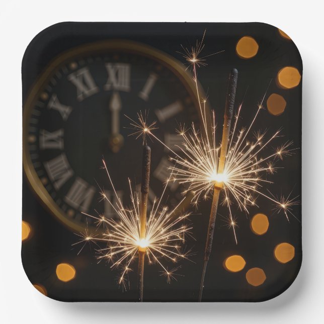 New Year Eve Sparklers On a Midnight Clock Paper Plate (Front)