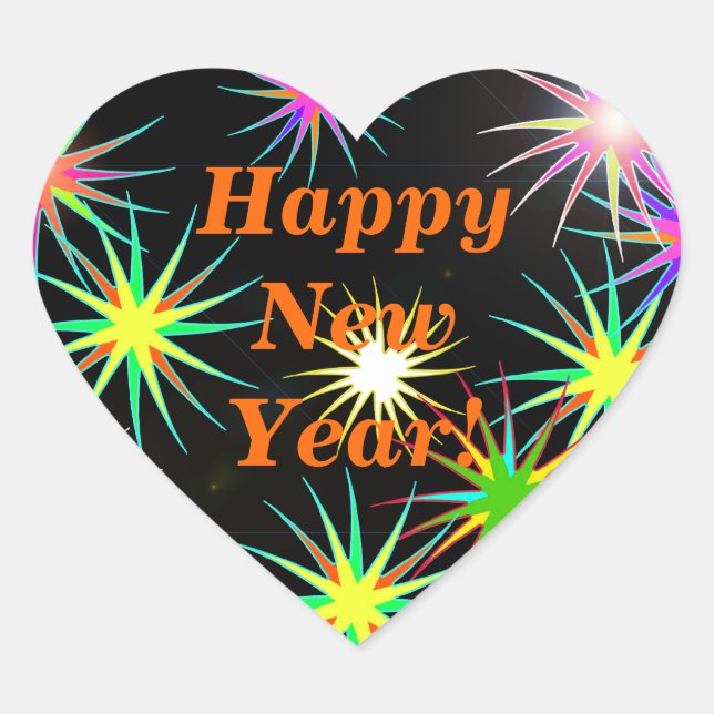New Year Fireworks Flash on Black Heart Sticker (Front)