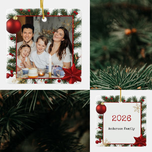 New year Frame with Red Star Photo Family 2026 Ceramic Ornament