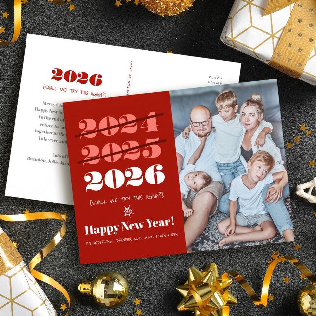 New Year Funny 3rd Time a Charm Modern Red Photo Holiday Postcard (Creator Uploaded)