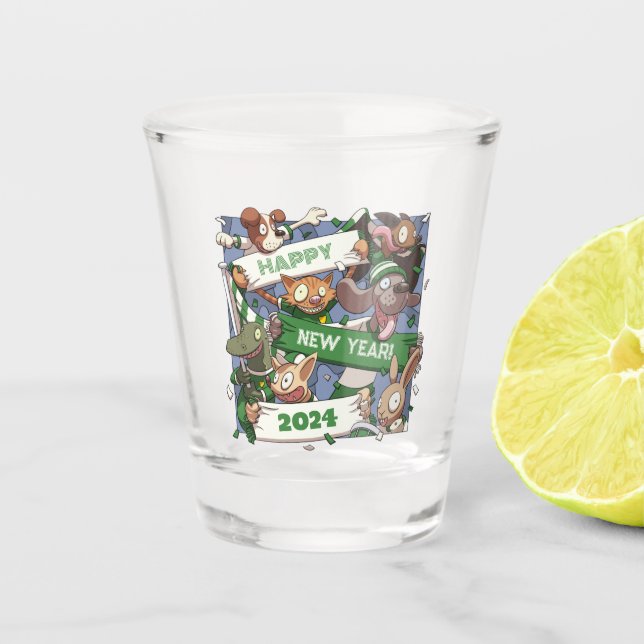 New Year Funny Animal Sports Fans Scarf Cartoon Shot Glass (Front)