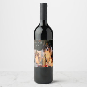 New Year funny dogs with party hat Wine Label