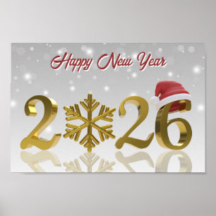 New Year Golden 2026 with Snowflake and Santa Hat Poster