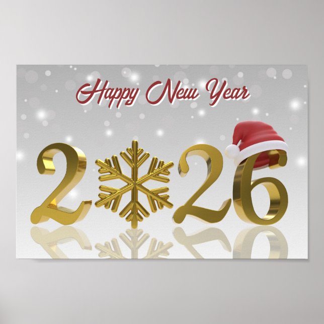 New Year Golden 2026 with Snowflake and Santa Hat Poster (Front)