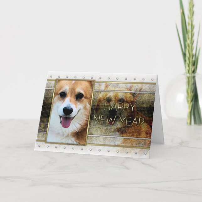 New Year - Golden Elegance - Corgi - Owen Holiday Card (Front)