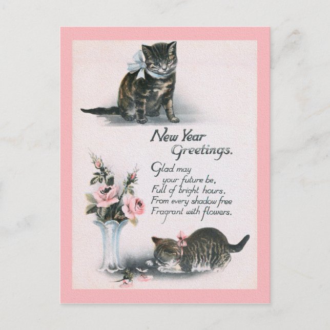 NEW YEAR GREETINGS cats & flowers Postcard (Front)