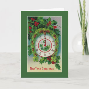 New Year Greetings with 4-Leaf Clover & Pine Bough Holiday Card