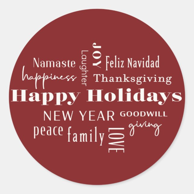 New Year Holiday Many Greetings Burgundy Classic Round Sticker (Front)
