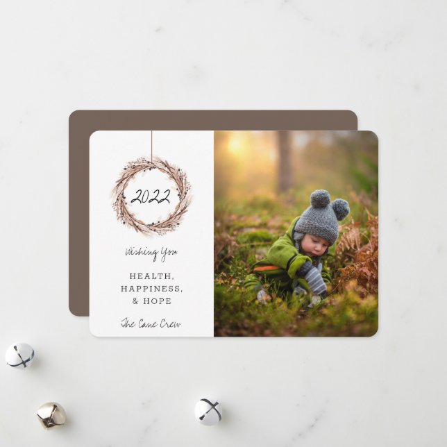 New Year Holiday Photo Card Fried Floral Wreath (Front/Back In Situ)