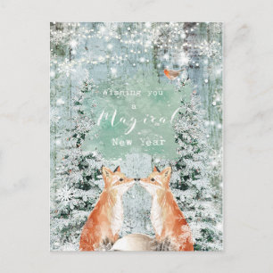 new year holiday winter robin foxes postcard