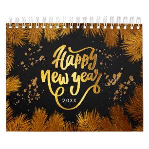 New Year Invitation Pine Gold Company Party Calendar