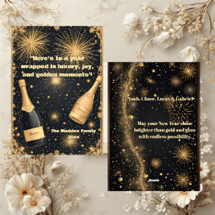 New Year Midnight Gold Champagne Fountain Glimmers Holiday Card