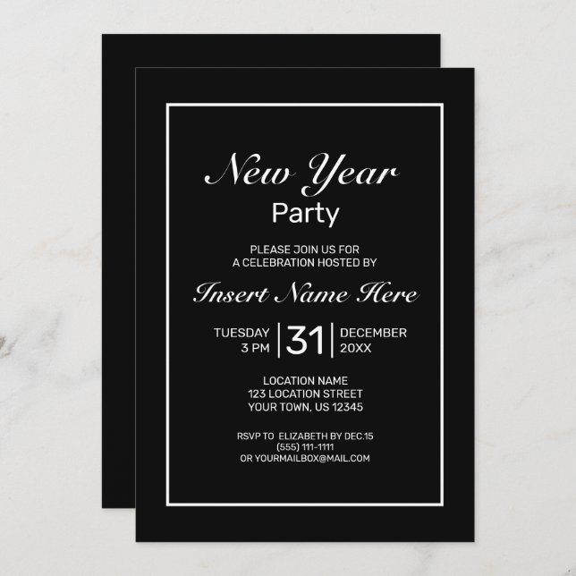 New Year Modern Minimalist Black White Invitation (Front/Back)