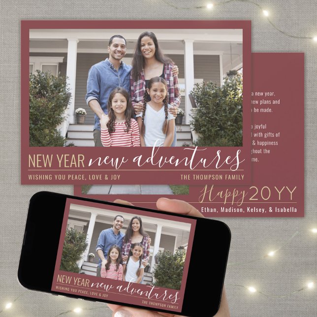 New Year New Adventures 2 Photo Burgundy and Gold Holiday Card (Creator Uploaded)