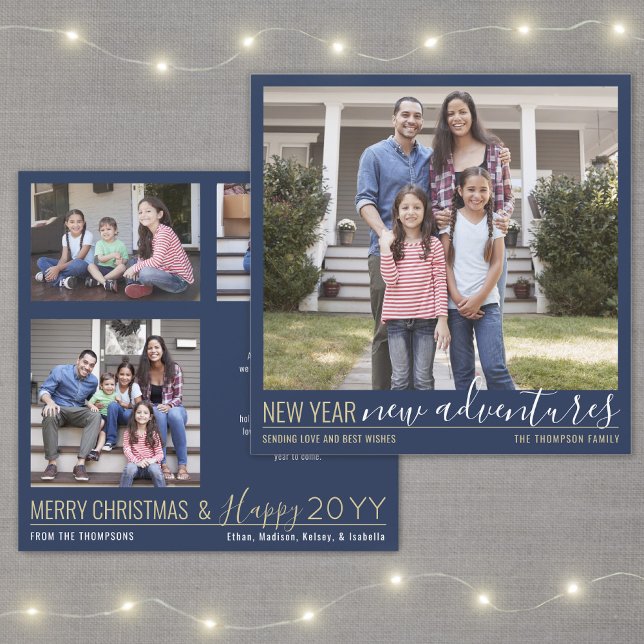New Year New Adventures 4 Photo Navy Blue & Gold Holiday Card (Creator Uploaded)