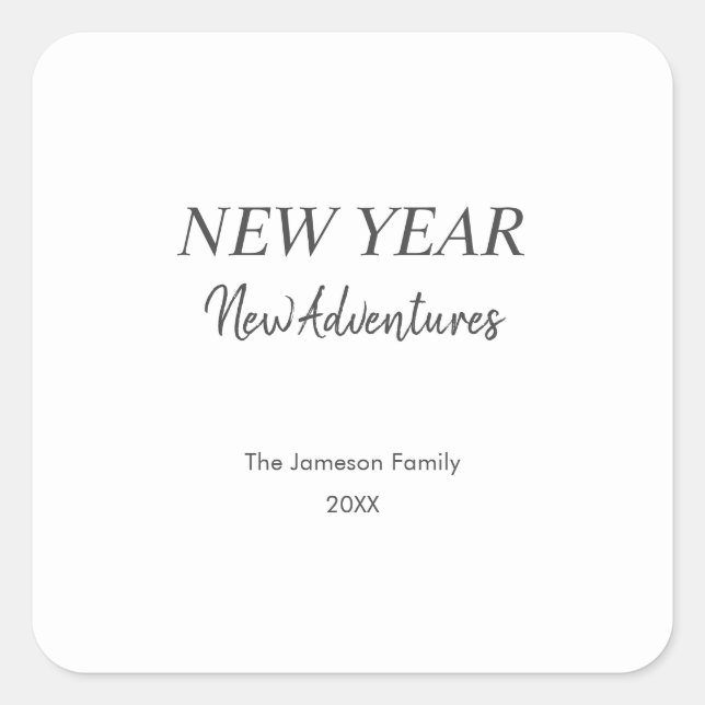New Year New Adventures | Minimal White Holiday Square Sticker (Front)