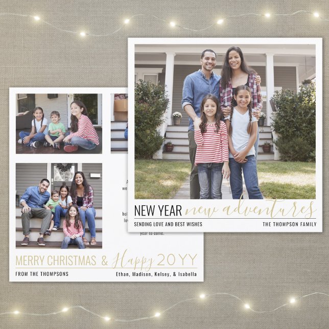 New Year New Adventures Modern 4 Photo Gold Script Holiday Card (Creator Uploaded)