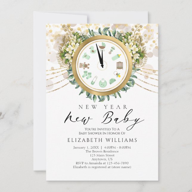 New Year New Baby Clock Baby Shower Invitation (Front)
