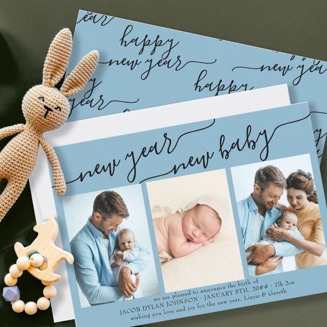 New Year New Baby Elegant Script 3 Photo Blue Holiday Card (Creator Uploaded)