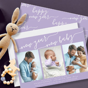 New Year New Baby Elegant Script 3 Photo Lilac Holiday Card
