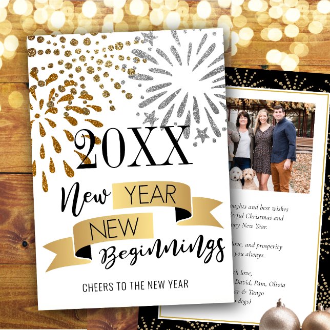 New Year New Beginnings Festive Fireworks Photo Holiday Card (Creator Uploaded)