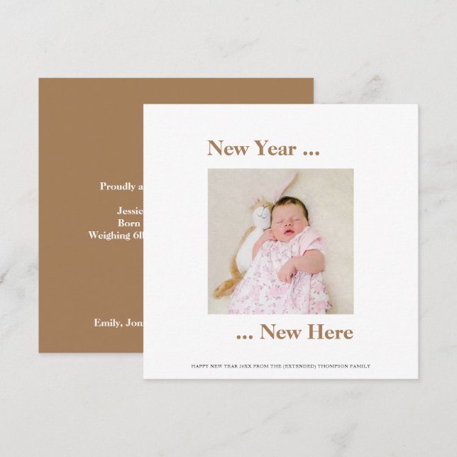 New Year New Here Photo Baby Announce Birth Gold (Front/Back)