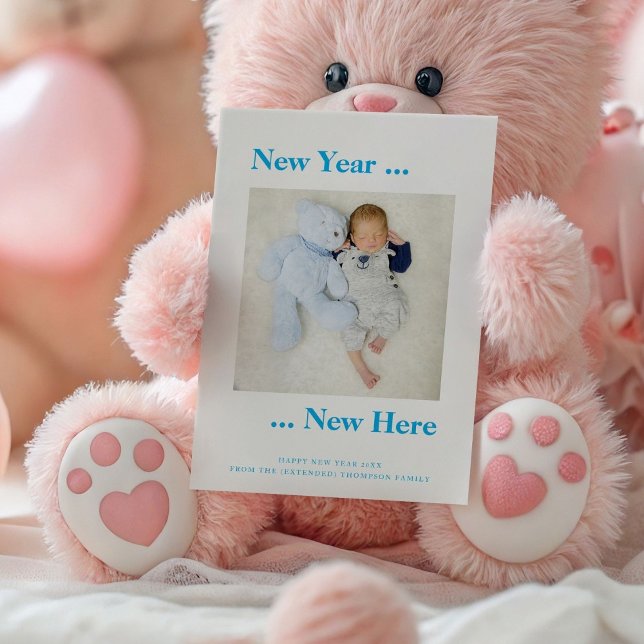 New Year New Here Photo Baby Boy Announcement Blue (front view)