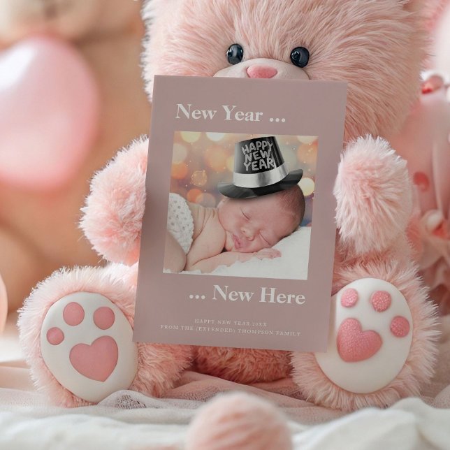 New Year New Here Photo Pink Birth Announcement (front view)