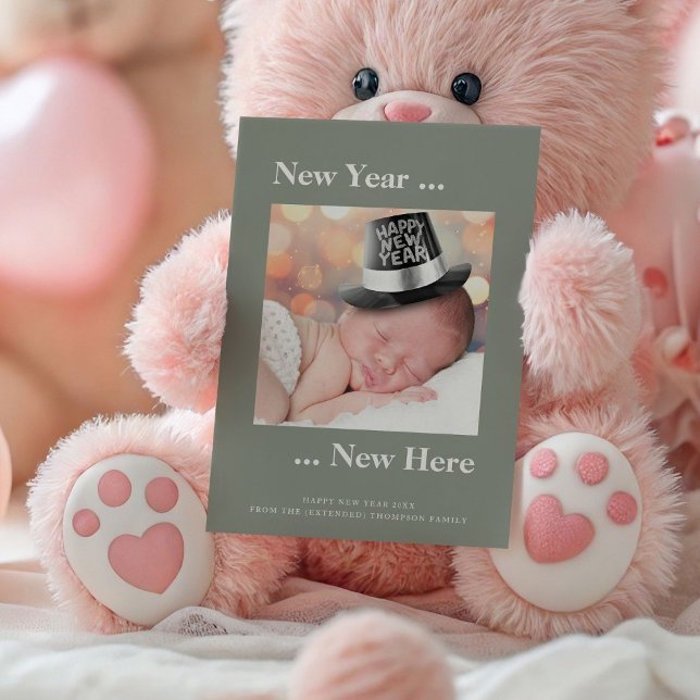 New Year New Here Photo Sage Birth Announcement (front view)