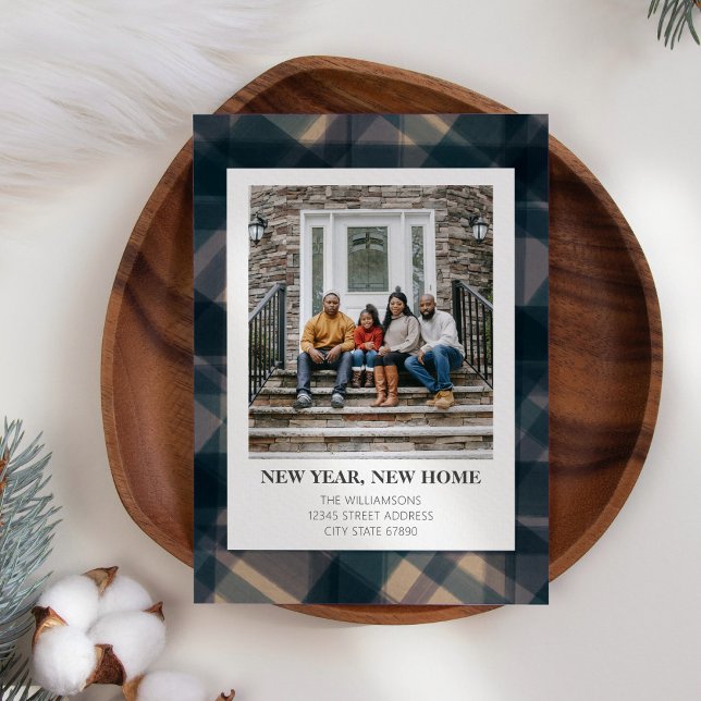 New Year New Home Address Photo Rustic Blue Plaid Holiday Card (Creator Uploaded)