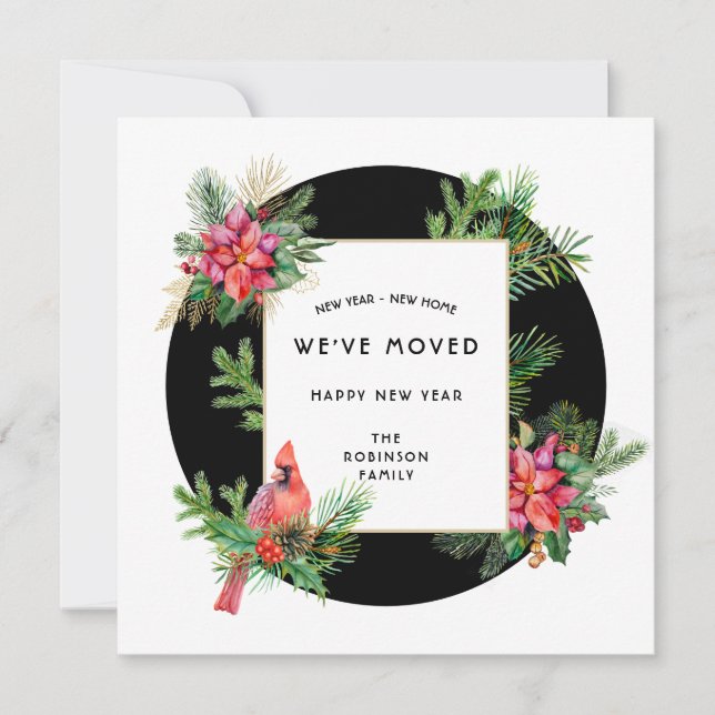 New Year New Home Cardinal Bird and Poinsettias Holiday Card (Front)