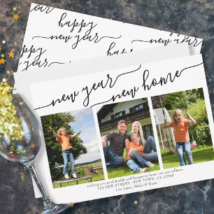 New Year New Home Elegant Script 3 Photo Holiday Card