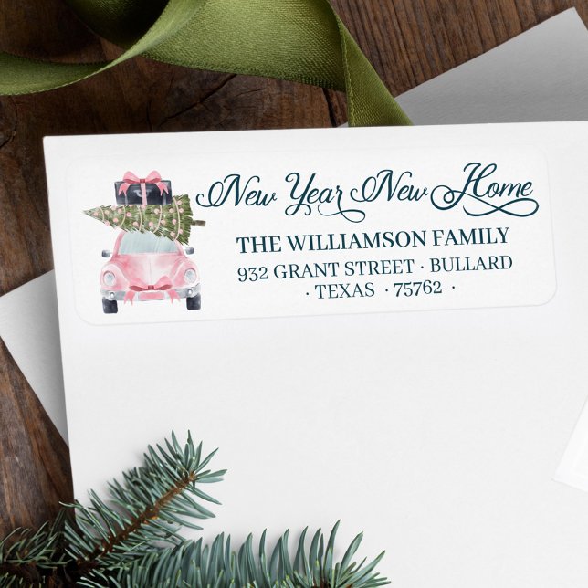 New Year New Home For the Holidays Pink Retro Car (New Year New Home For the Holidays Pink Retro Car Label)