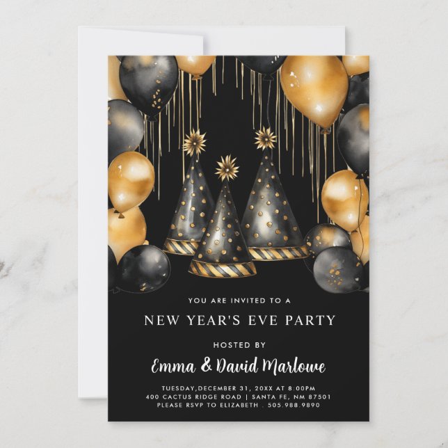 New Year Party 2025 Gold Black Balloons Invitation (Front)