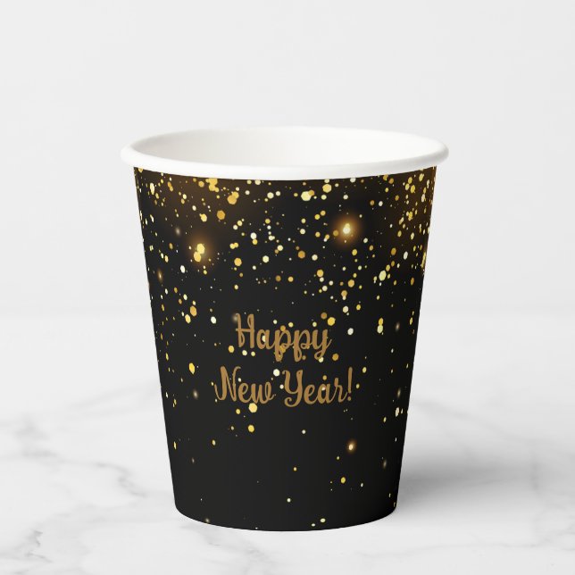 New Year Party Black and Gold Glitter  Paper Cups (Front)