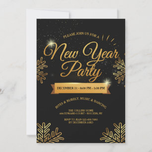 New Year Party Gold Snowflakes Invitation