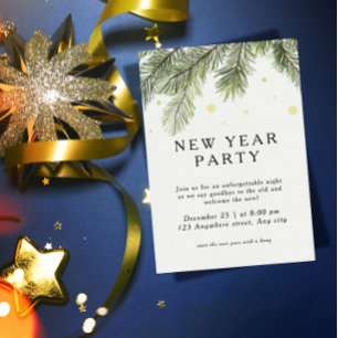 New Year Party Invitation Pine Branch Festive