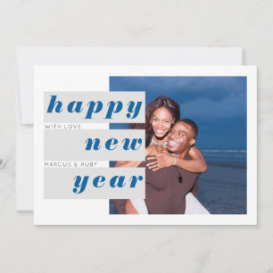 New Year Photo Blue Grey Block Typography Overlap Holiday Card