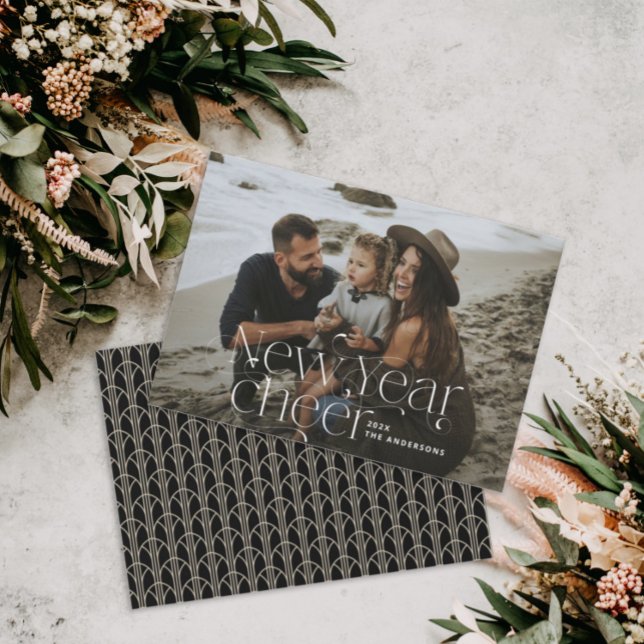 New year Photo elegant Art Deco typography black Holiday Card (Creator Uploaded)