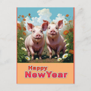 new year pigs postcard
