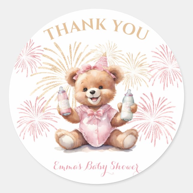 New Year Pink Bear Girl Baby Shower Sticker (Front)
