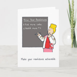 New Year Resolutions Humour, Cake and TV. Holiday Card