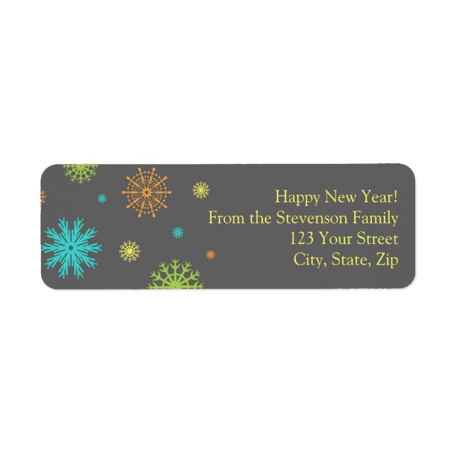 New Year Return Address Labels Colourful Snow (Front)