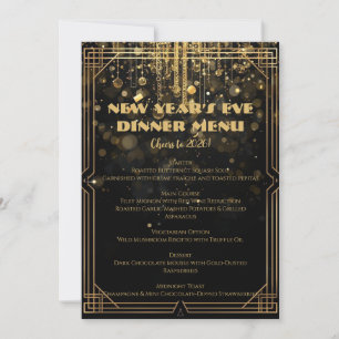 New Year’s Eve Menu   Elegant Black & Gold Glitter Invitation