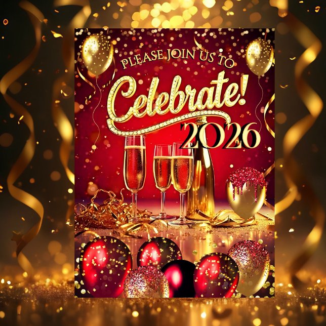 New Year’s Eve Party Red Gold Champagne Streamers Invitation (Creator Uploaded)