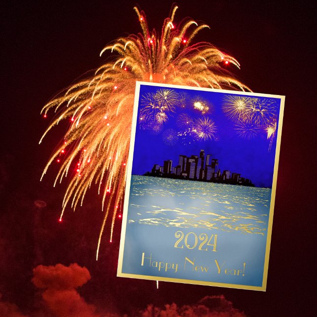 New year’s golden fireworks over the city  foil holiday postcard (Creator Uploaded)