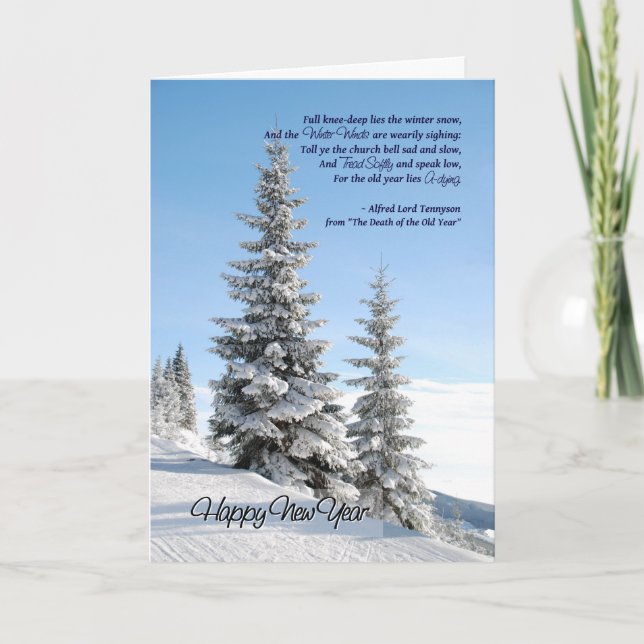 New Year Snow on Conifers Poem by Tennyson Holiday Card (Front)