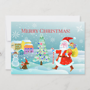 new year village and santa claus comes with gifts invitation
